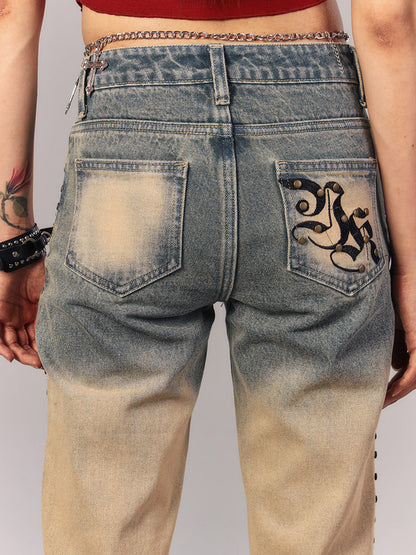 Washed Gradient Studs Detail Flare Denim Jeans NA9215
