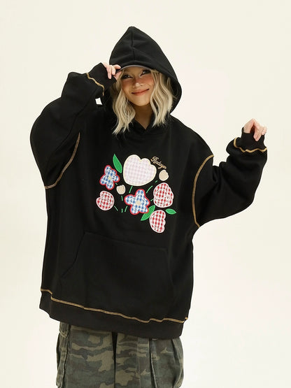 Plaid Floral Embroidery Oversize Hoodie NA6336