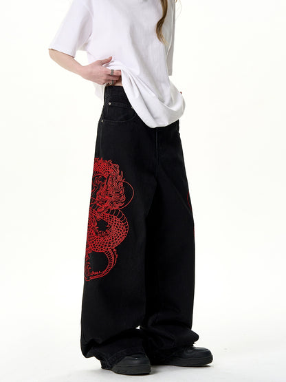 Dragon Embroidery Wide Leg Denim Jeans NA2968