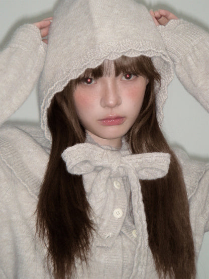 Ruffled Collar and Bow Detail Knit Cardigan NA8824