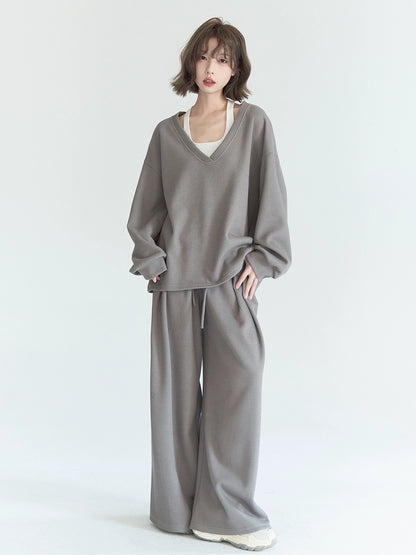 Casual Sporty Big V-Neck Top &amp; Wide Leg Pants Setup NA2721