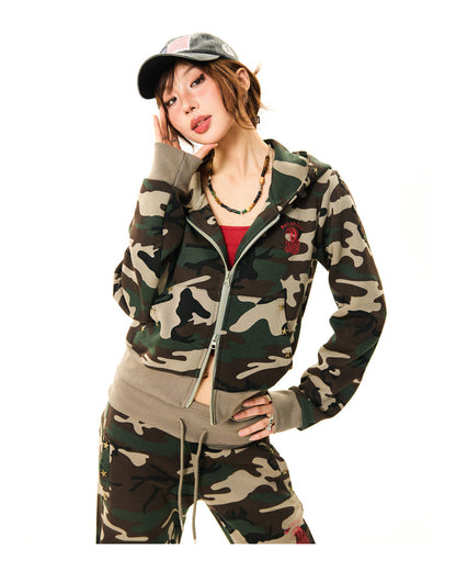 Camouflage Zipper Hoodie & Flare Pants Setup NA9339