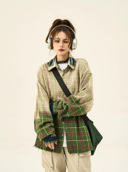 Oversize Damage Checkered Long Sleeve Shirt NA2932