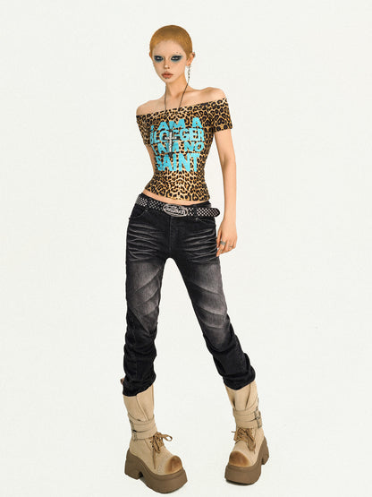 Wash Whisker Curved Pleats Fitted Denim Jeans NA8592