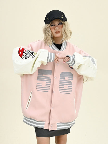 Contrast Color Number Print Oversize Baseball Jacket NA6310