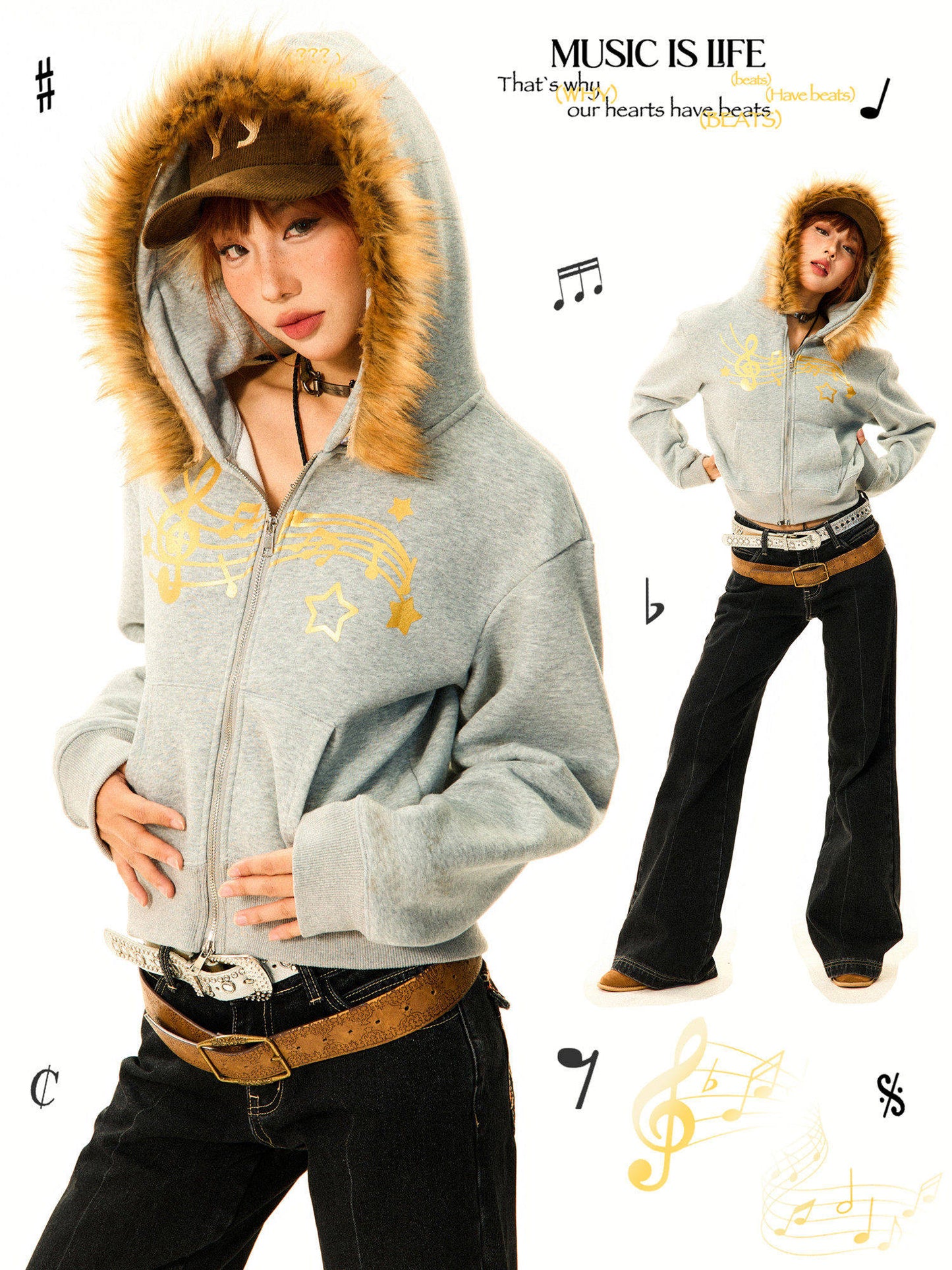 Fur-Trim Hood Zip-Up Hoodie NA9393