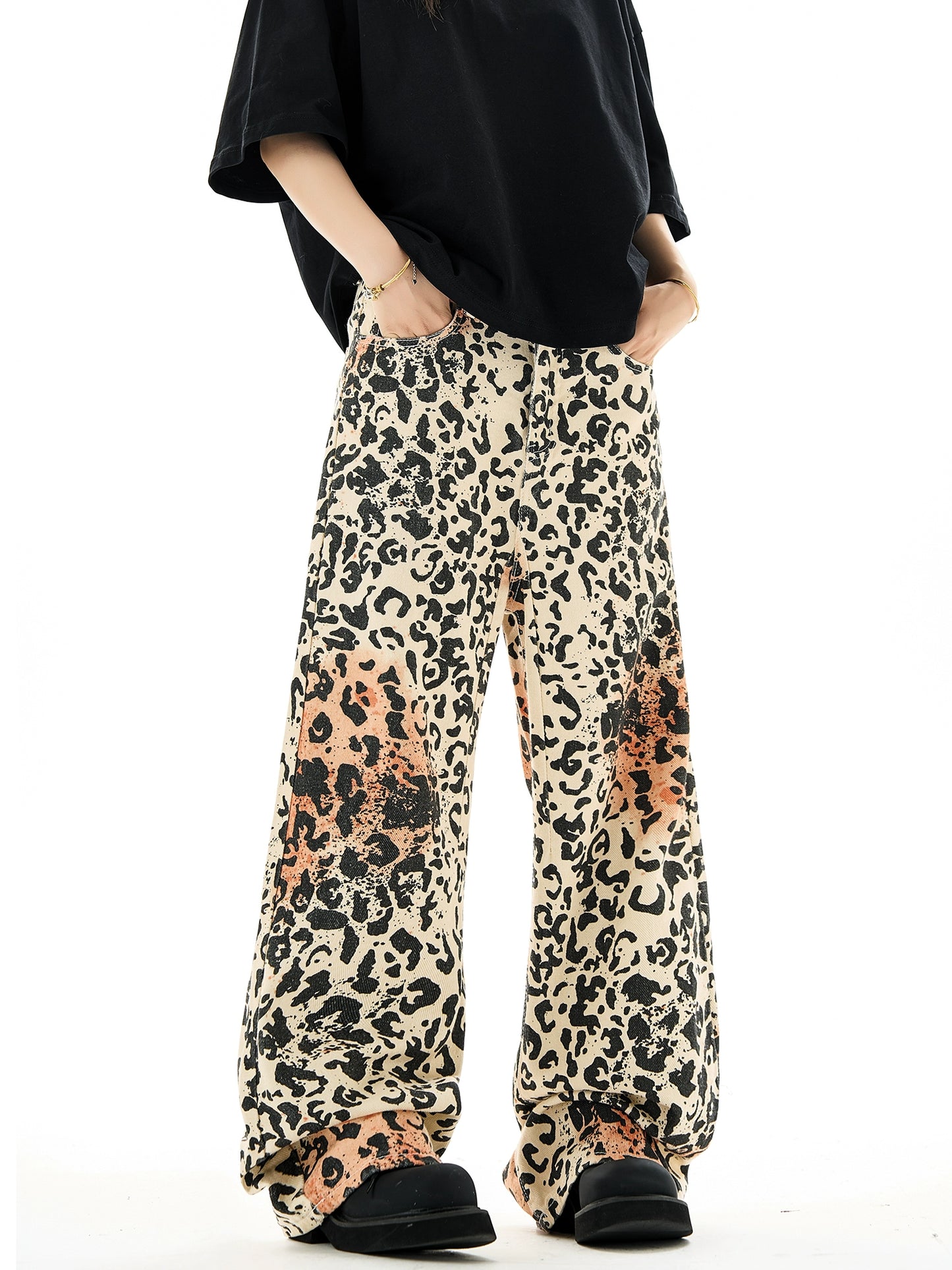 Leopard Print Wide-Leg Straight Denim Jeans NA3131