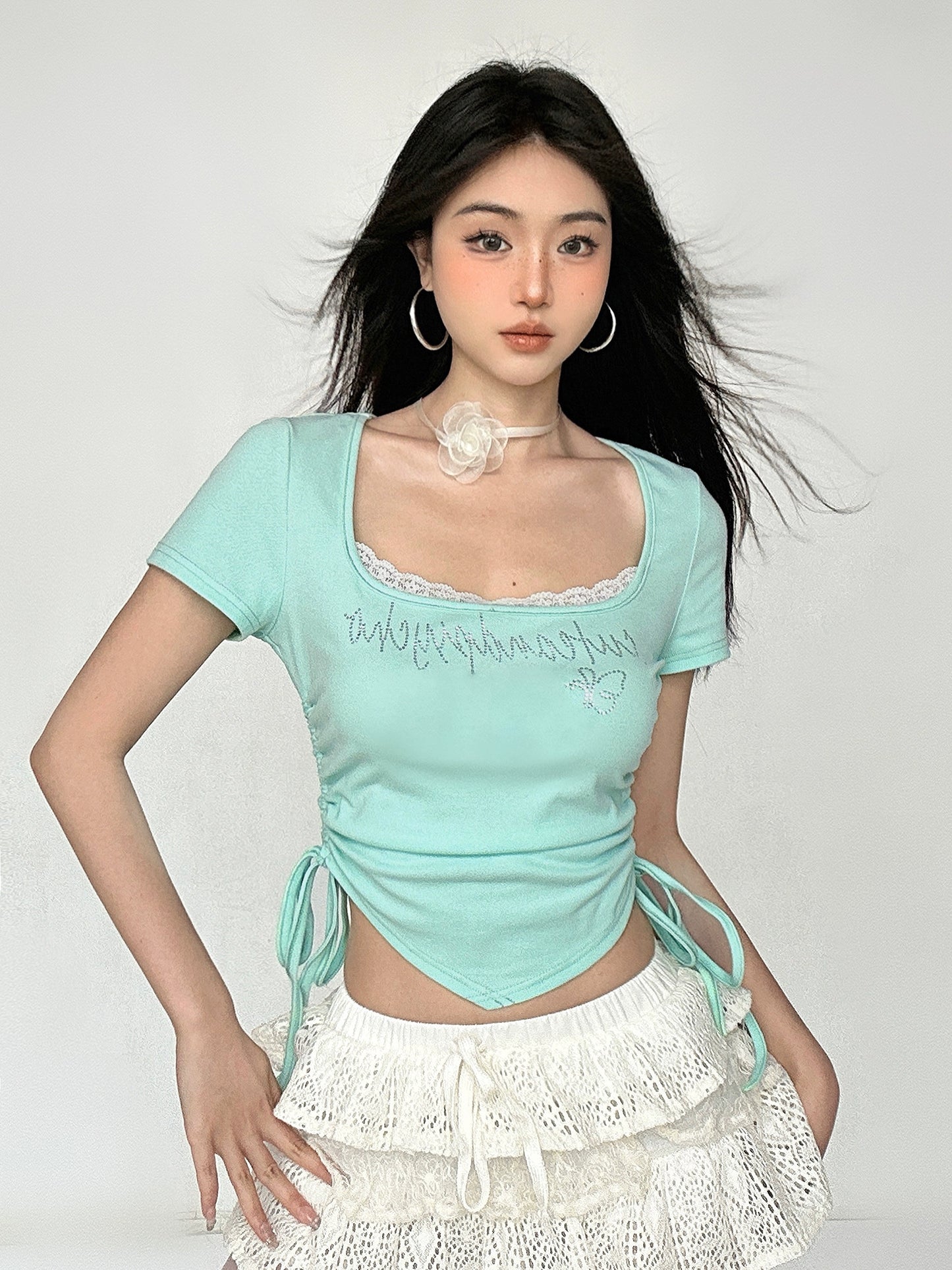 Lace Splice Waist Wrapped Short Sleeve T-shirt NA4557