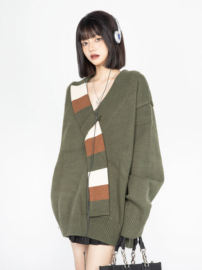 Striped Fake Scarf Oversize V-neck Knit Sweater NA2570