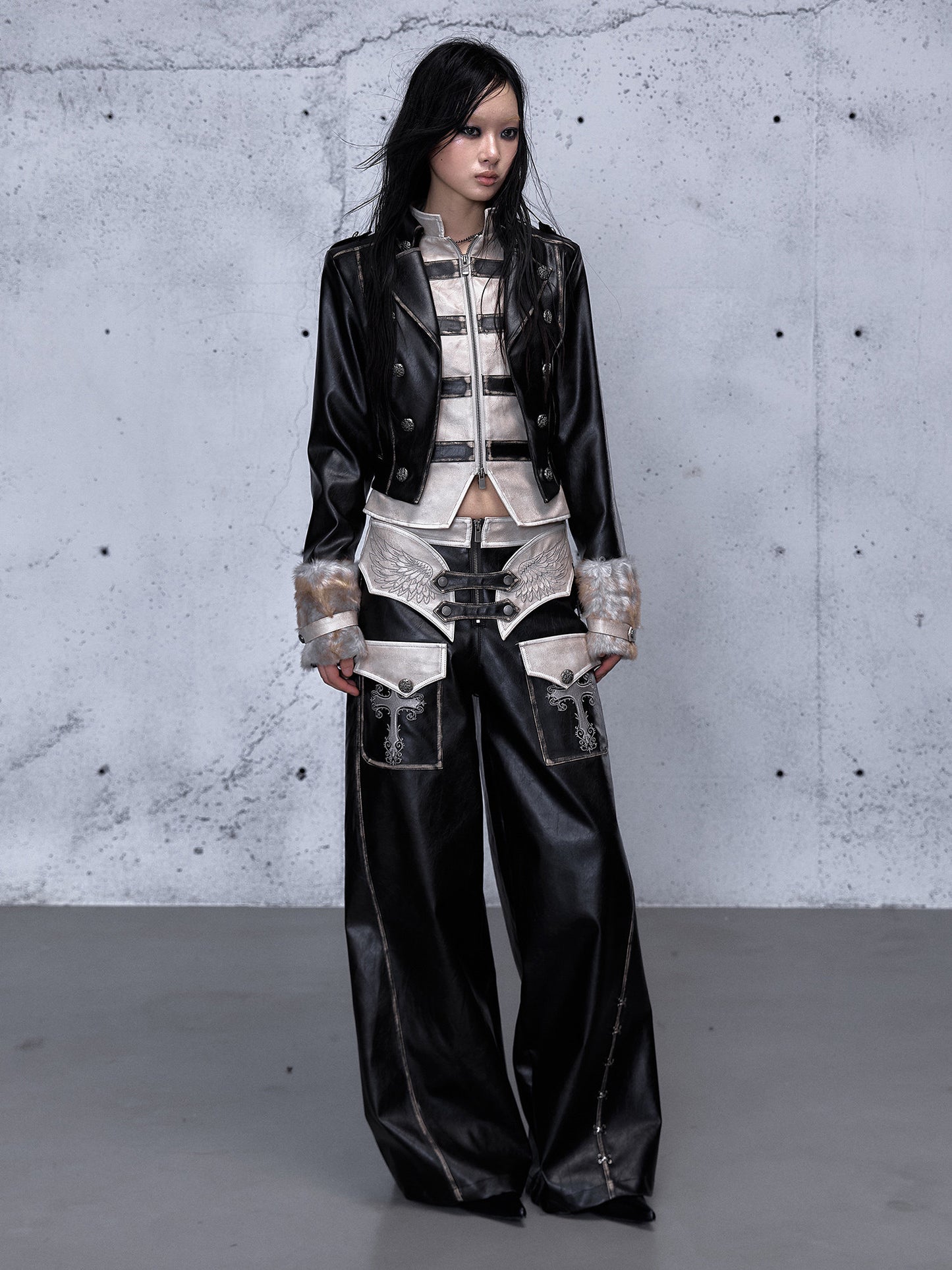 Standing-Collar Belt Detail Fake Fur Cuff PU Leather Jacket NA8980