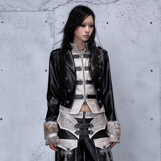 Standing-Collar Belt Detail Fake Fur Cuff PU Leather Jacket NA8980