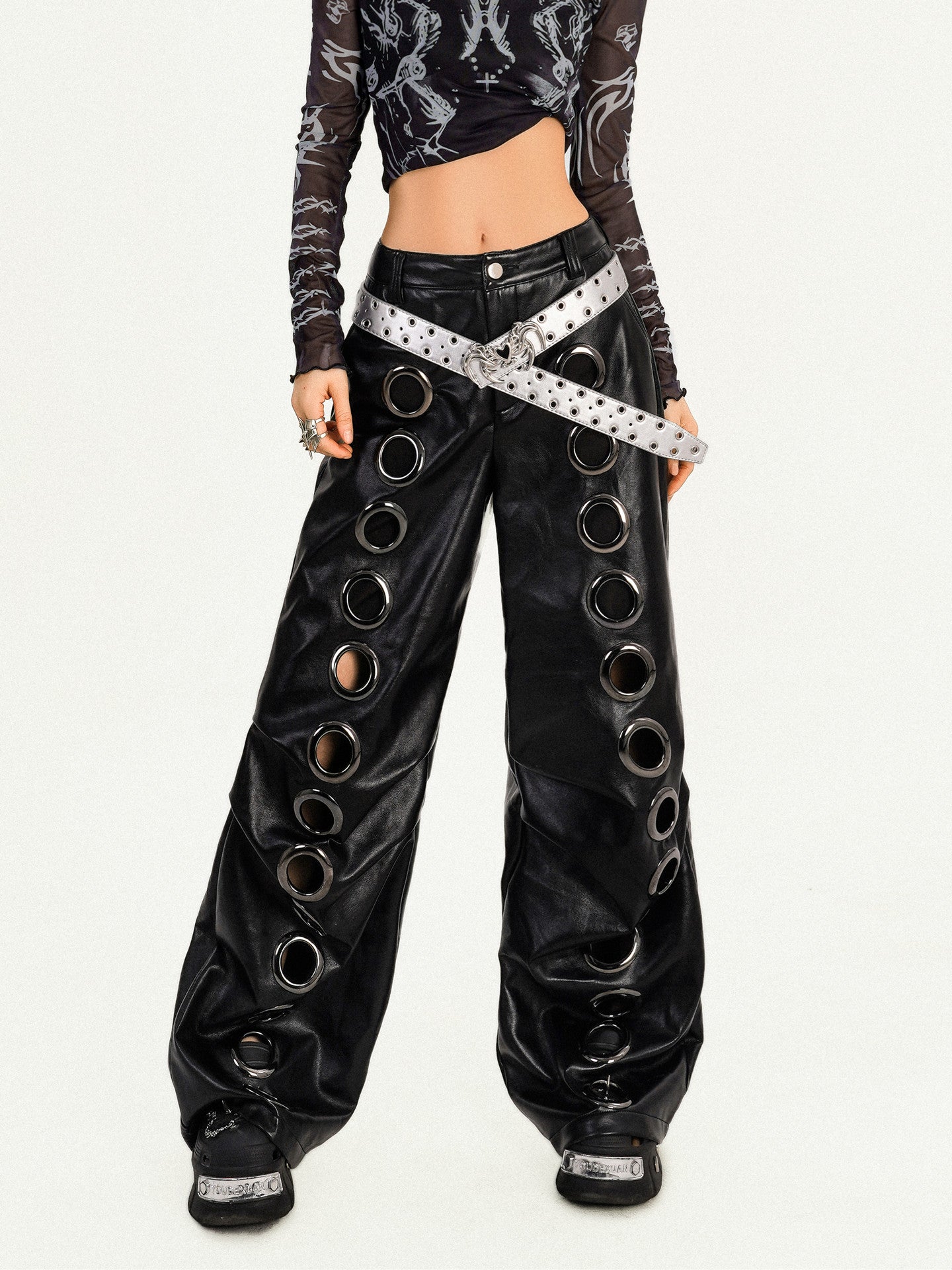 PU Leather Metal Eyelet Straight Pants NA8577