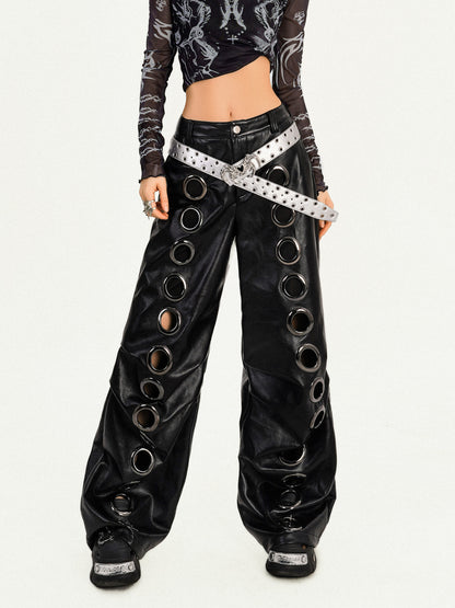 PU Leather Metal Eyelet Straight Pants NA8577