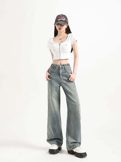 Washed Wide-Leg Straight Denim Jeans NA3296