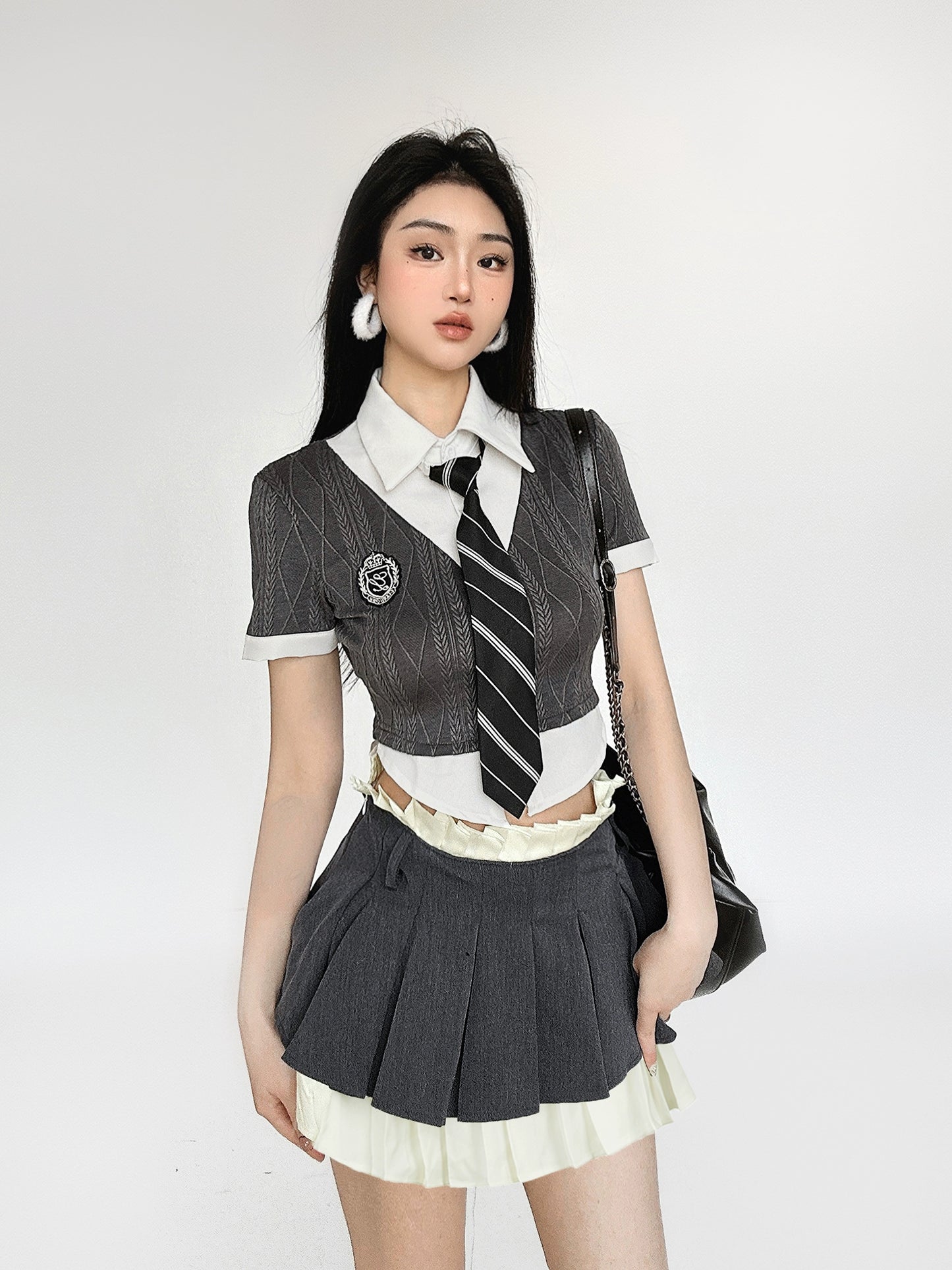 Fake Layered Short Sleeve Shirt & High Waist Pleated Skirt Setup NA4471