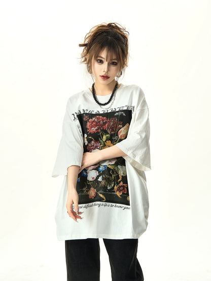 Floral Oil Painting Print Short Sleeved T-shirt NA2975