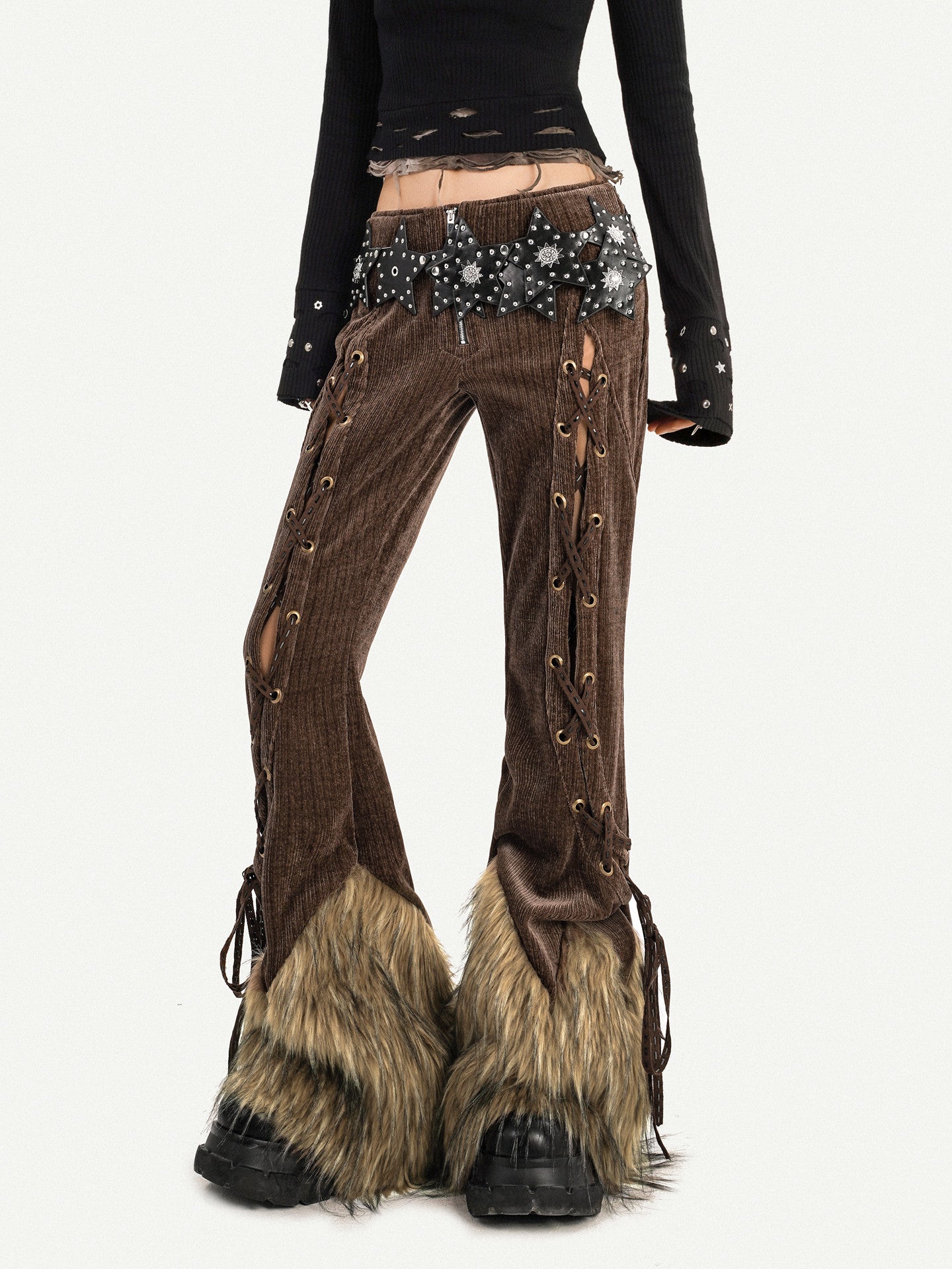 Corduroy Patchwork Fake Fur Lace-Up Slimming Pants NA8621