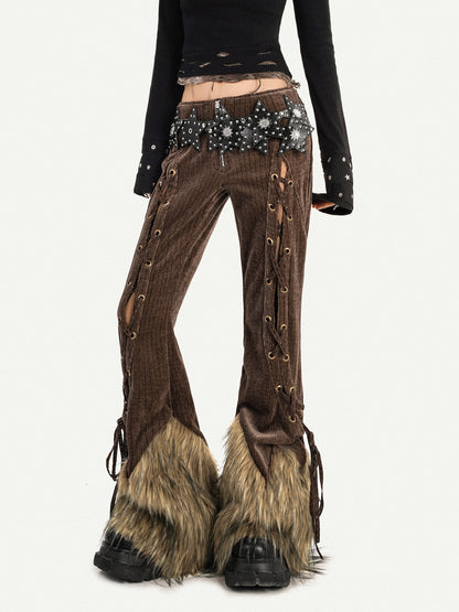 Corduroy Patchwork Fake Fur Lace-Up Slimming Pants NA8621
