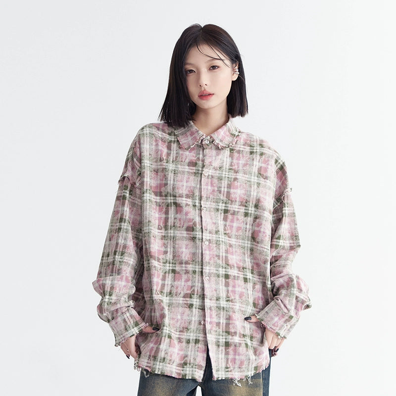 Oversize Pink Plaid Long Sleeve Shirt NA2731