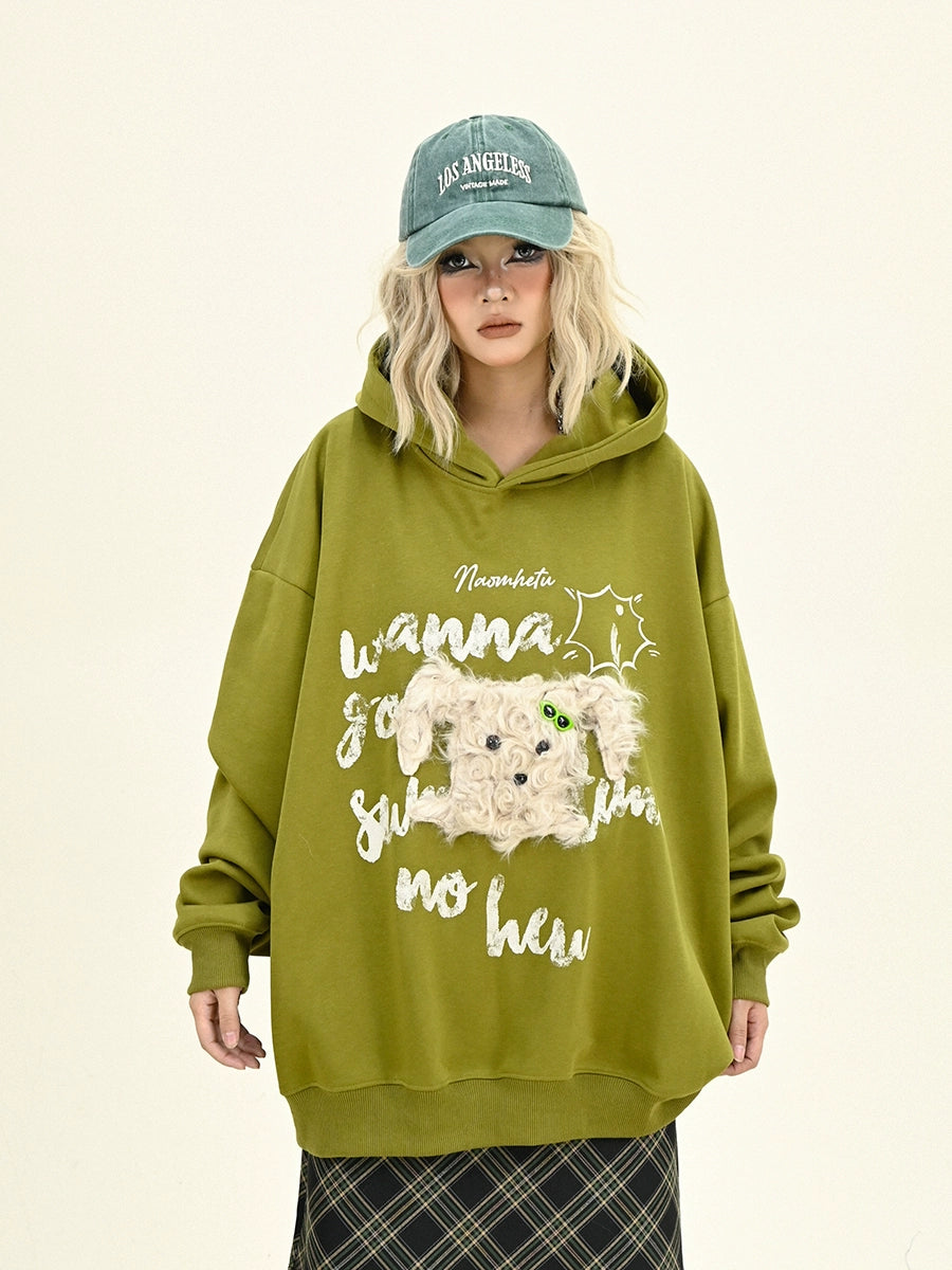 Oversize Fleece Little Dog Design Hoodie NA6296