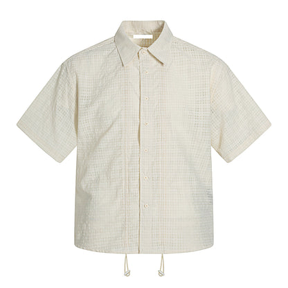 Ruffle Sheer Check Drawstring Hollow Short Sleeve Shirt NA9069