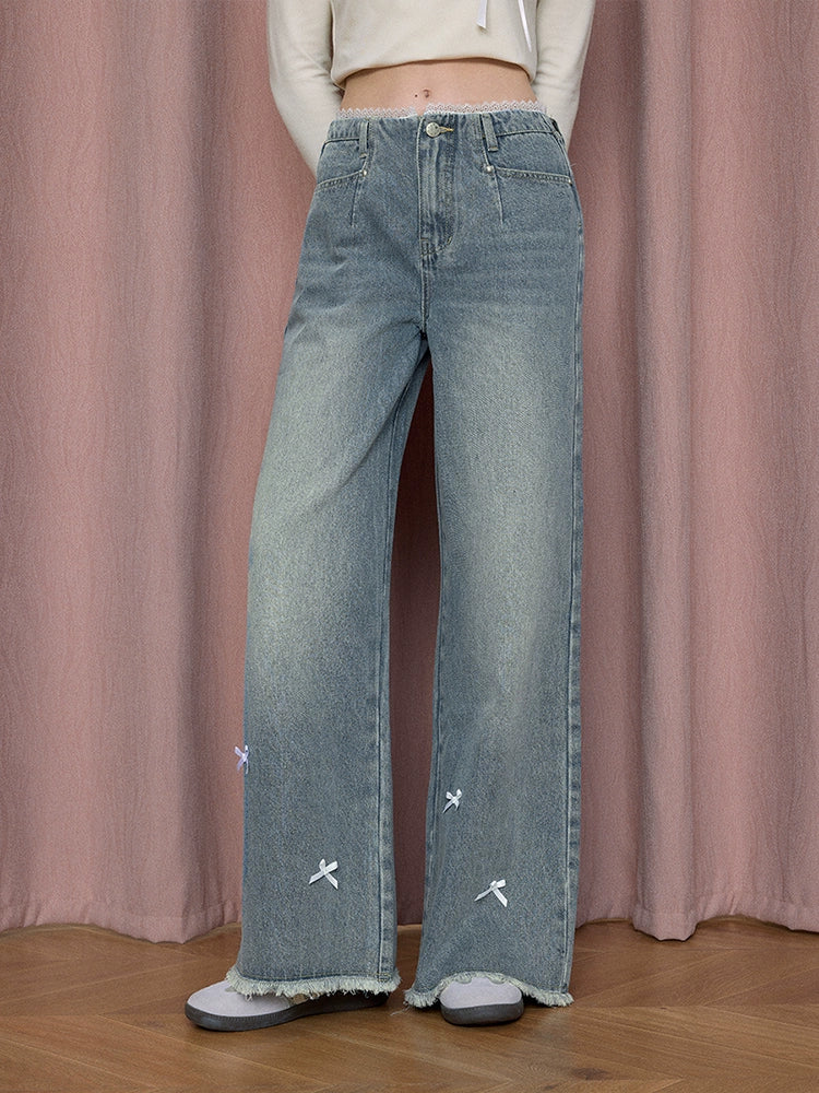 Patchwork Lace Washed High-Waist Straight Denim Jeans NA6880