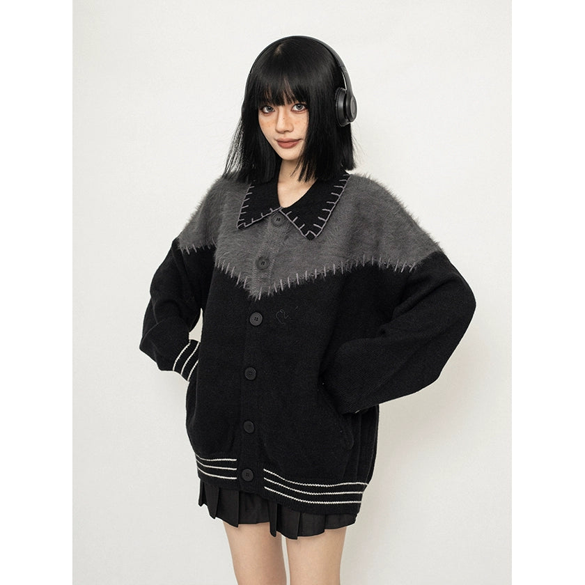 Contrast Color Polo Neck Knit Cardigan NA2605