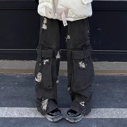 Damage Design Wide Leg Straight Denim Jeans NA8874