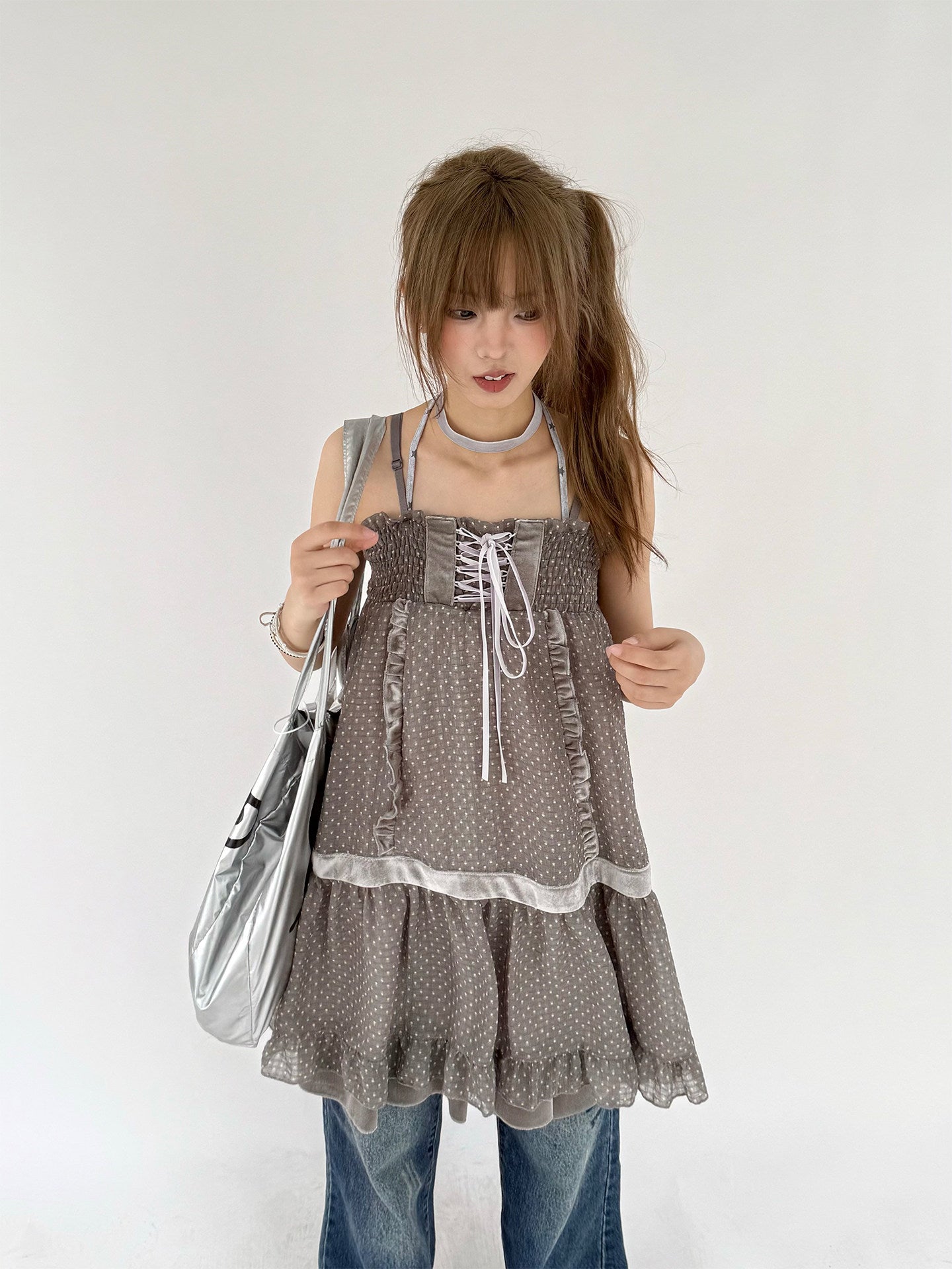Polka Dot Patchwork Spaghetti Strap Dress NA9240