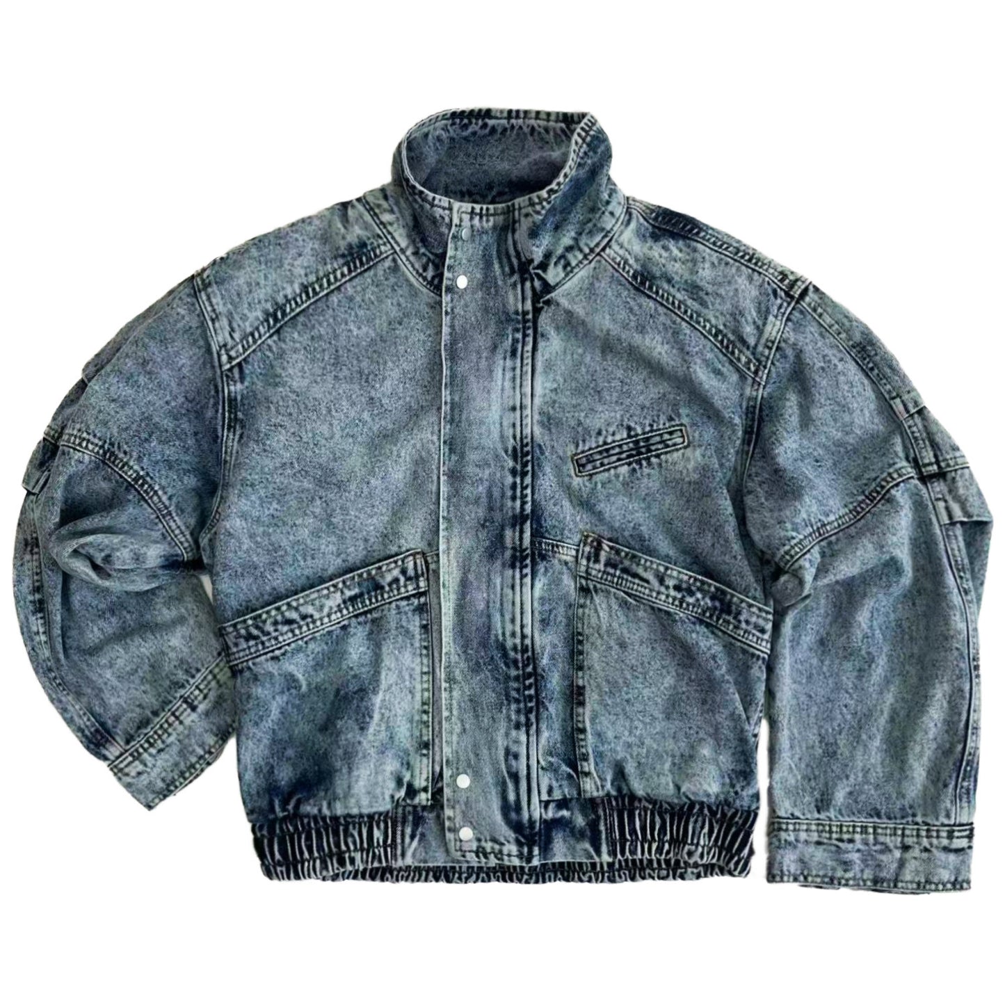 Acid Wash Zipper Elastic Hem Jacket & Wide Leg Denim Jeans Setup NA9031