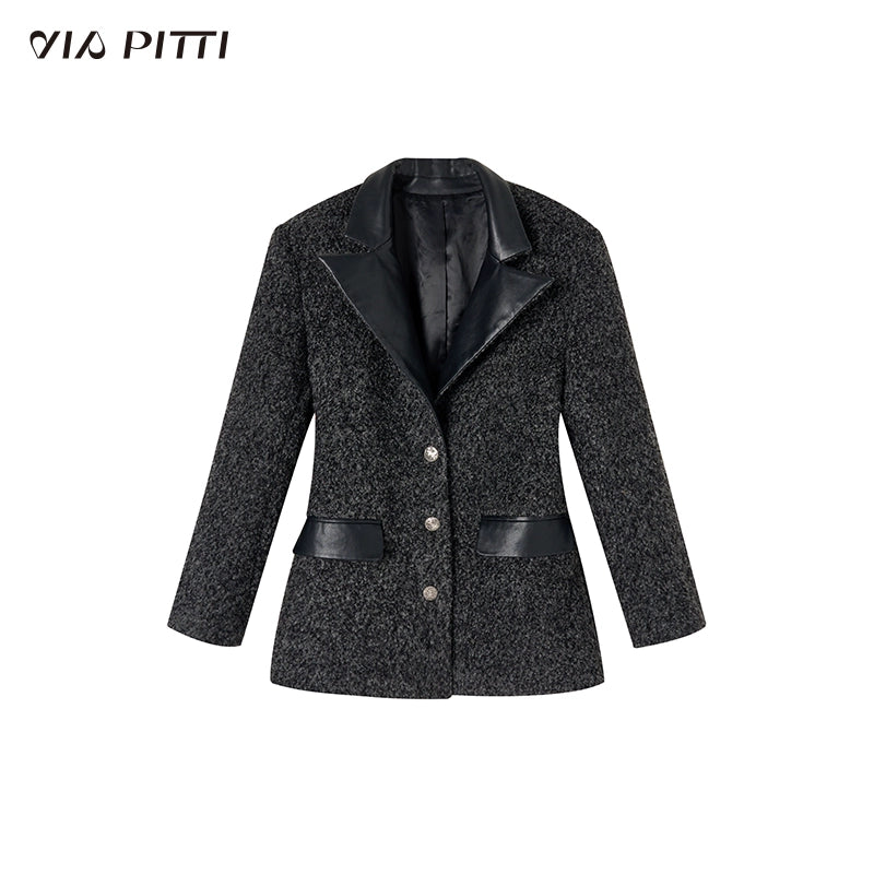 PU Leather Patchwork Wool Jacket NA4644