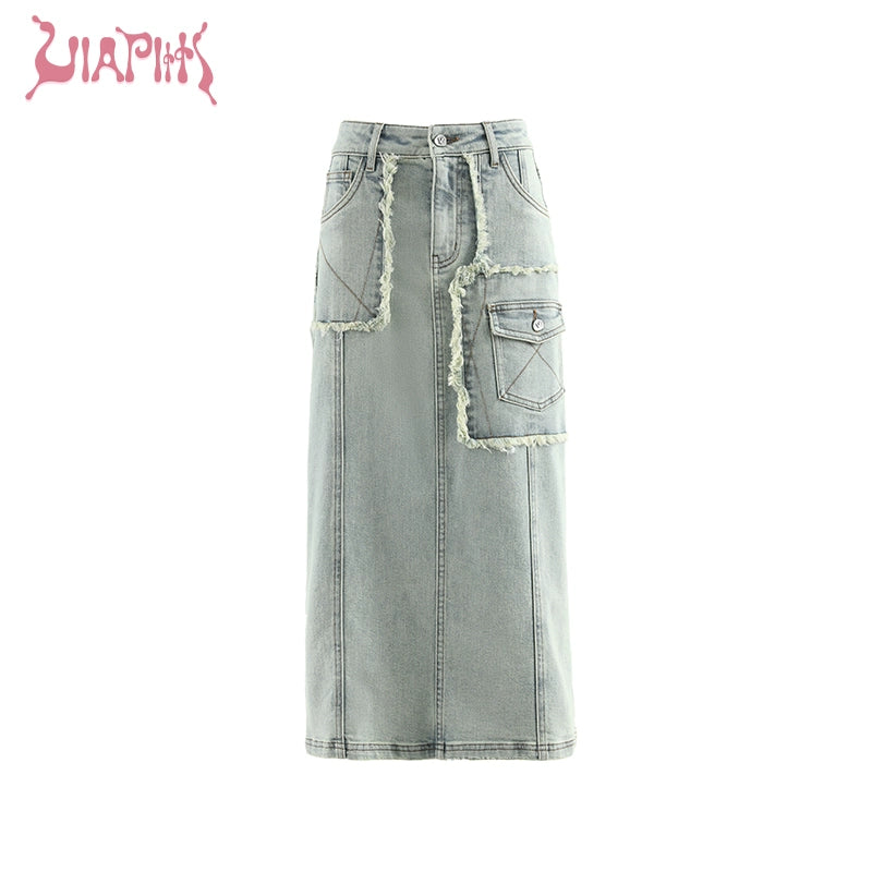 Washed Large Pocket Denim Long Skirt NA5039