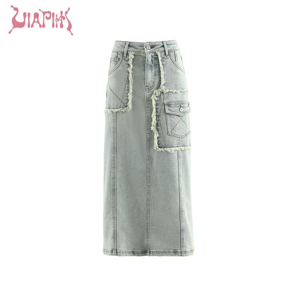 Washed Large Pocket Denim Long Skirt NA5039