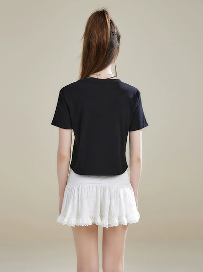 Letter Print Round Neck Short Sleeve T-shirt NA3328