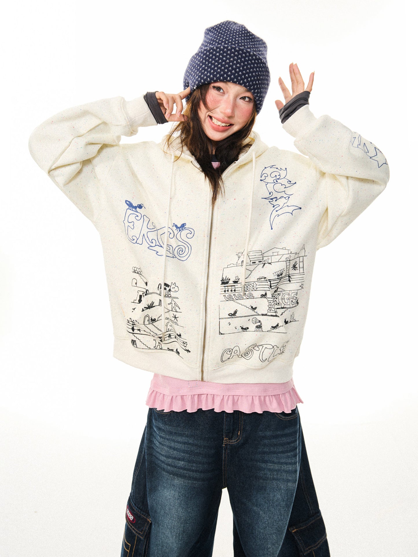 Graphic Print Oversize Zipper Hoodie NA9360
