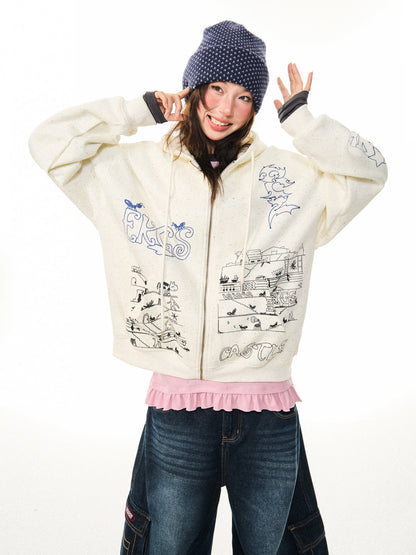 Graphic Print Oversize Zipper Hoodie NA9360