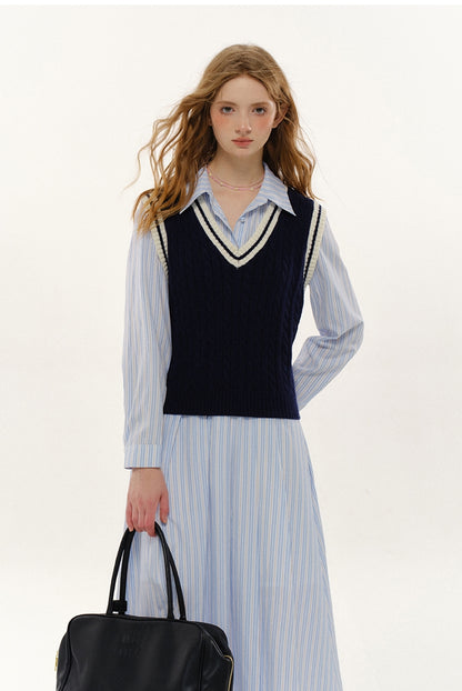 V-neck Knit Vest & Checkered Long Sleeve Shirt NA5698