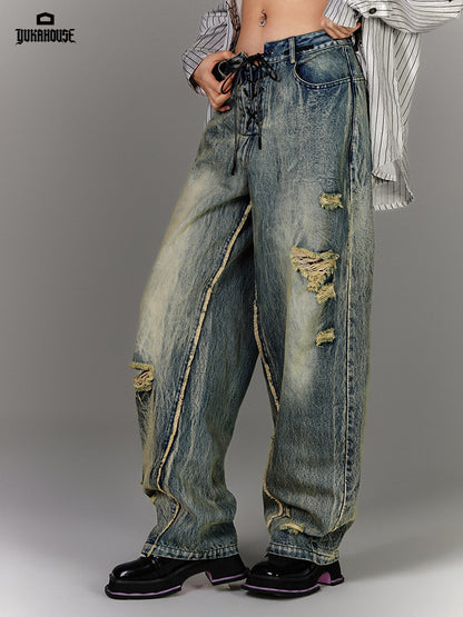 Washed Blue Damage Wide Leg Denim Jeans NA8878
