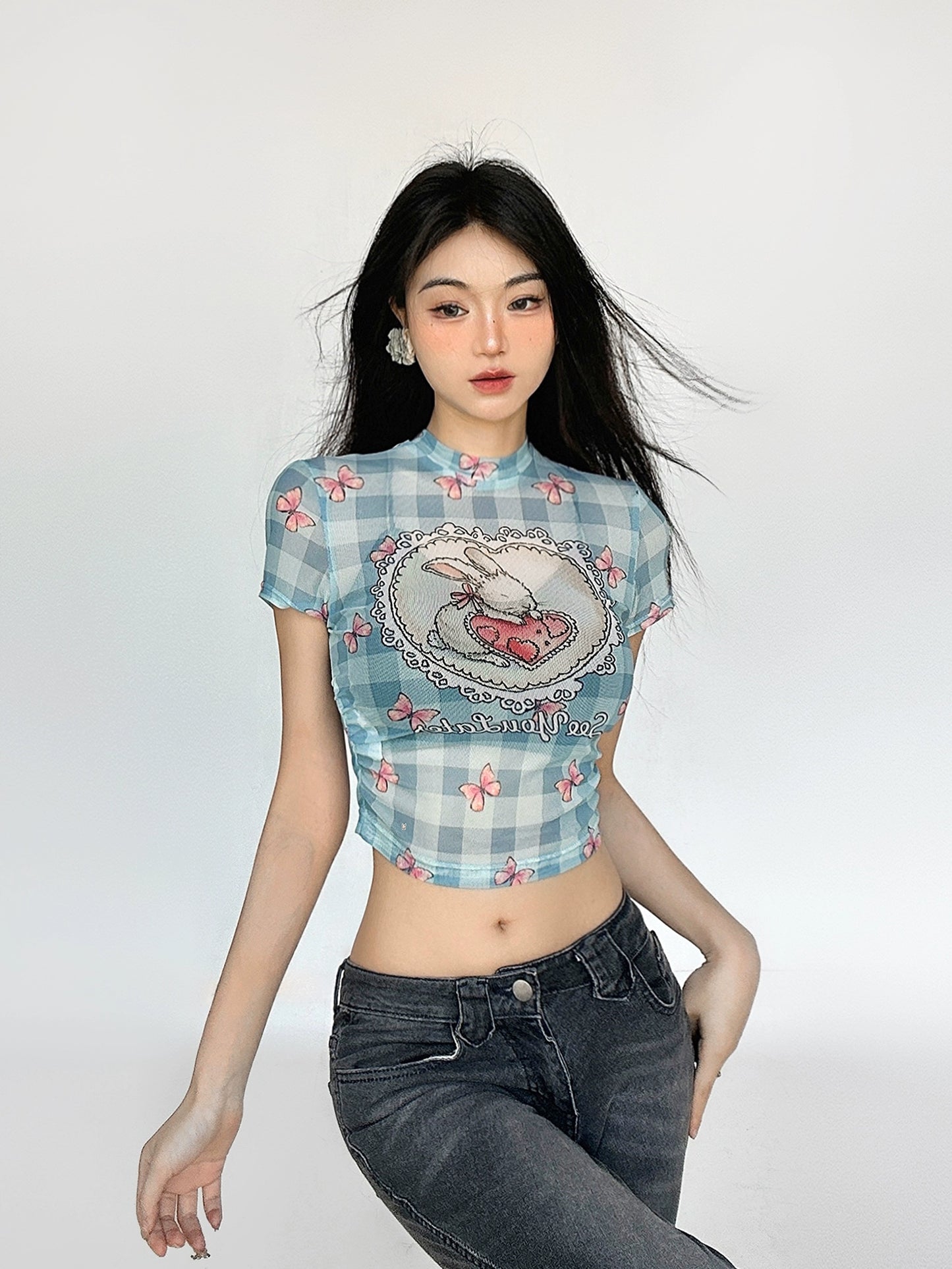 Mesh Plaid Short Sleeve T-shirt NA4571