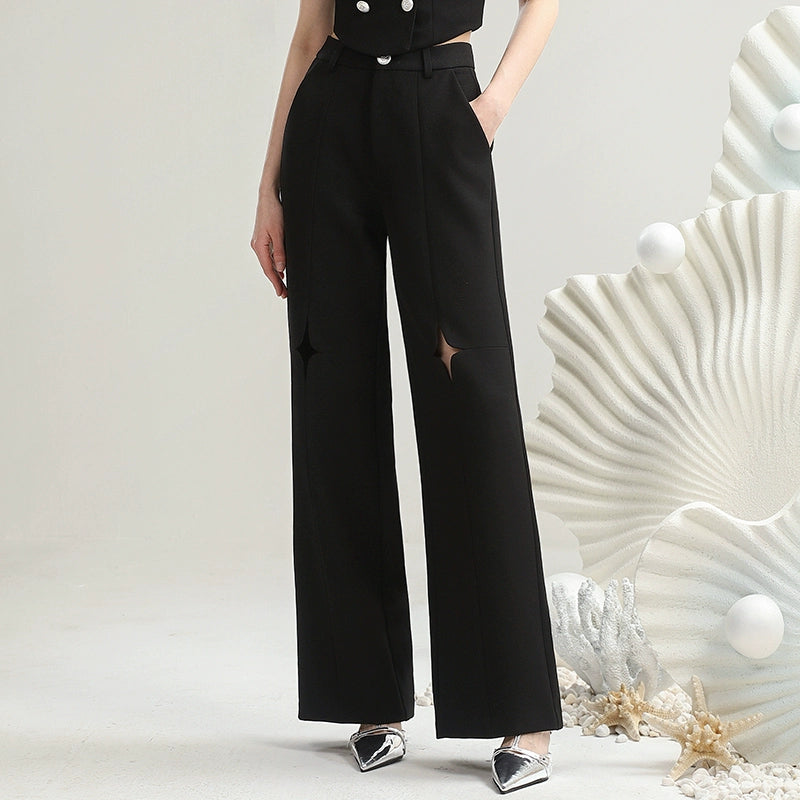 Contrast Color Collar Slanted Shoulder Shirt & Wide-Leg Trousers NA5466