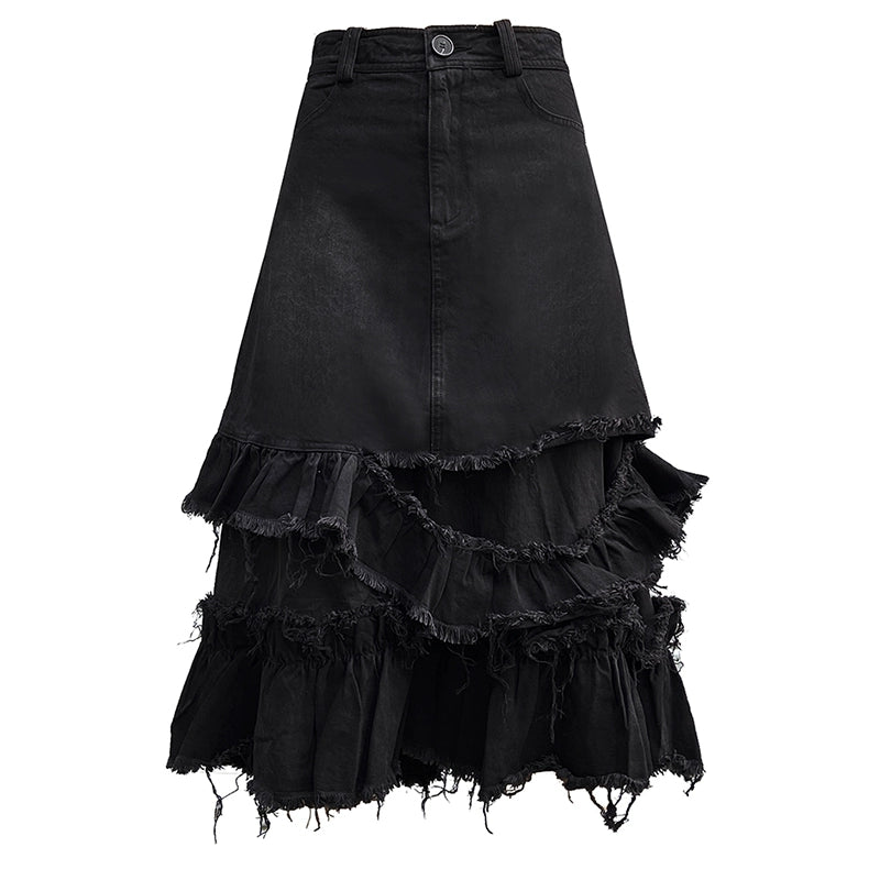 Irregular Hem Frayed Denim Skirt NA6596