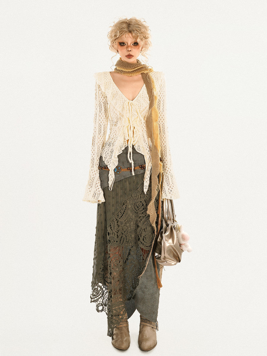 Original Design Heavy Craft Wasteland Knit Patchwork Lace Skirt NA8624