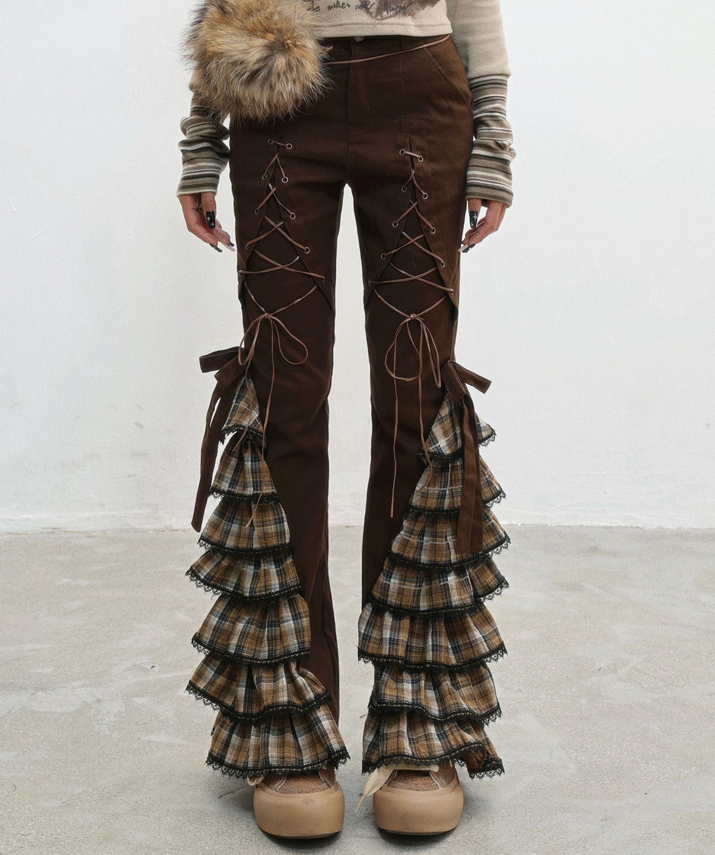 Plaid Lace-Up Ruffle Slimming Pants NA8559