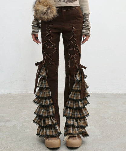 Plaid Lace-Up Ruffle Slimming Pants NA8559
