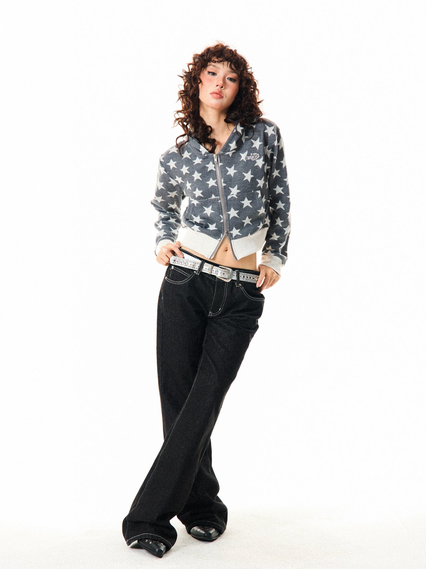 Star Print Cropped Zip-Up Hoodie NA9405
