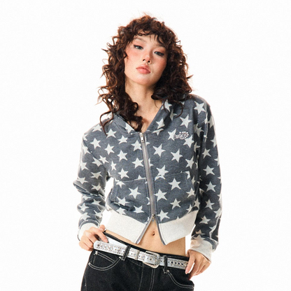 Star Print Cropped Zip-Up Hoodie NA9405