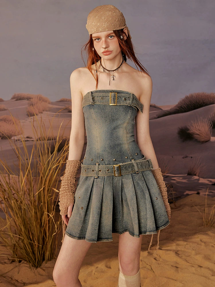 Washed Denim Pleated Dress NA3393