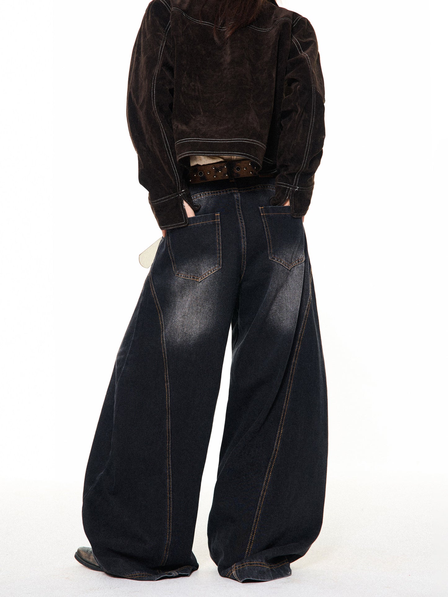 Washed Scratch Detail Wide Leg Denim Jeans NA9432