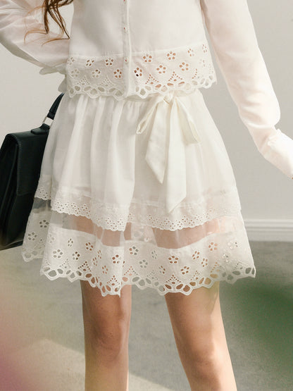 Lace Long Sleeve Shirt & Lace Short Skirt Setup NA5935