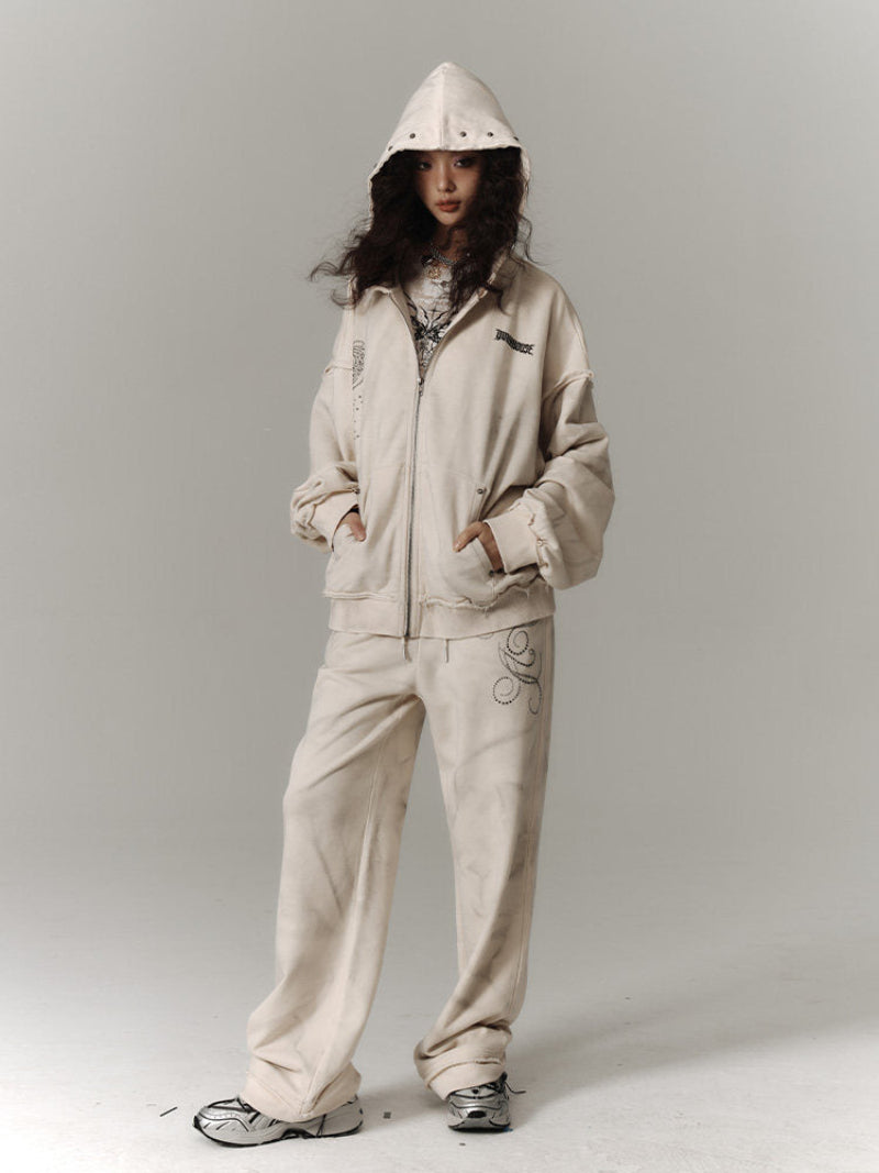 Washed Damage Oversize Zipper Hoodie & Wide Leg Pants Setup NA8913